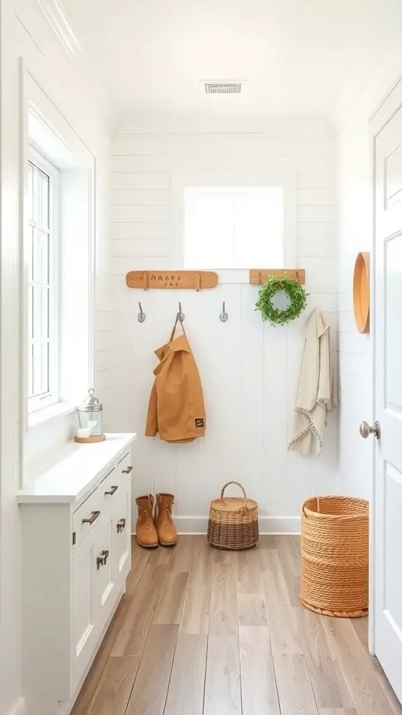 Bright and airy mudroom with white walls, wooden floors, and cozy accessories.