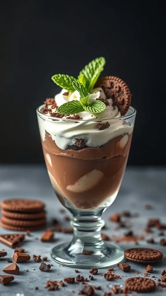 25+ Irresistible Chocolate Desserts You Must Try 5 A chocolate pudding parfait in a glass, topped with whipped cream and mint, surrounded by cookie crumbs.