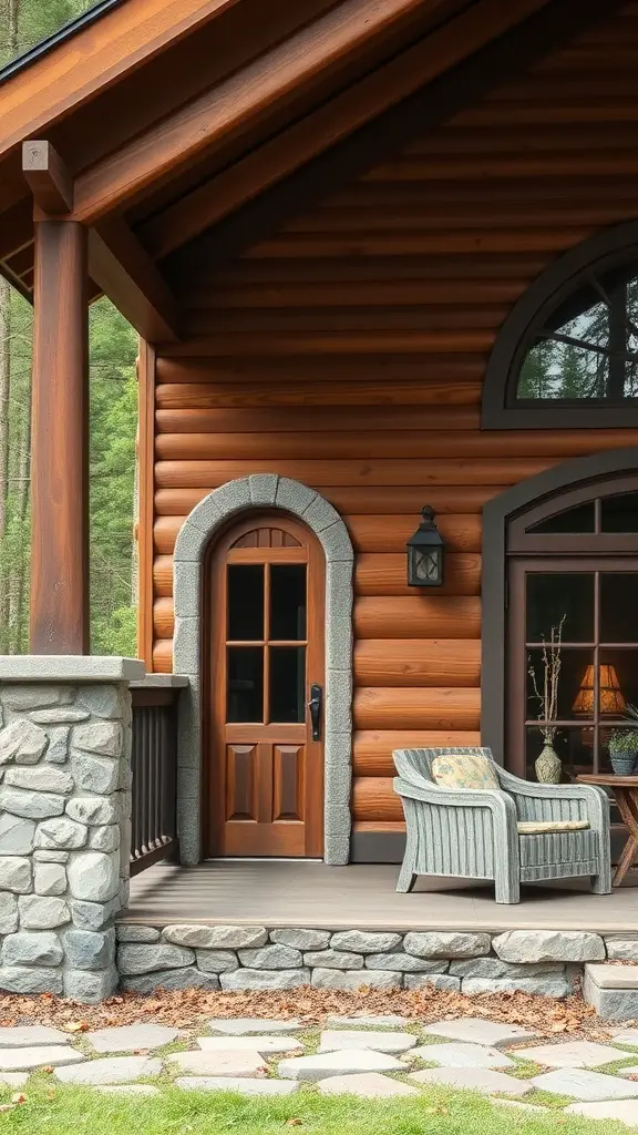 A cozy cabin exterior featuring stone accents and wooden logs, with a welcoming porch and large windows.