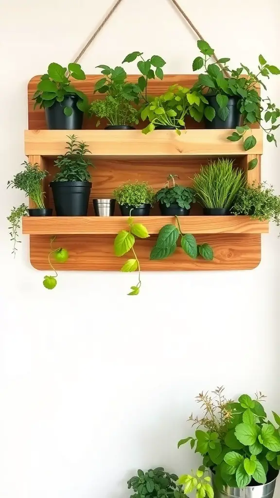 23+ Creative Dollar Tree Cutting Board Crafts You Can Make 15 A hanging herb garden made from cutting boards with various potted herbs.
