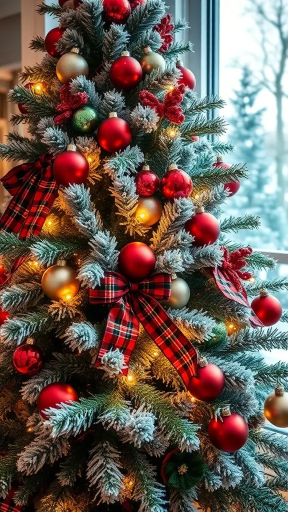 A beautifully decorated flocked Christmas tree with red ornaments, plaid ribbons, and warm lights.