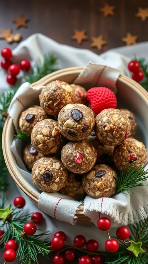 A bowl of fruit and nut energy bites surrounded by festive decorations