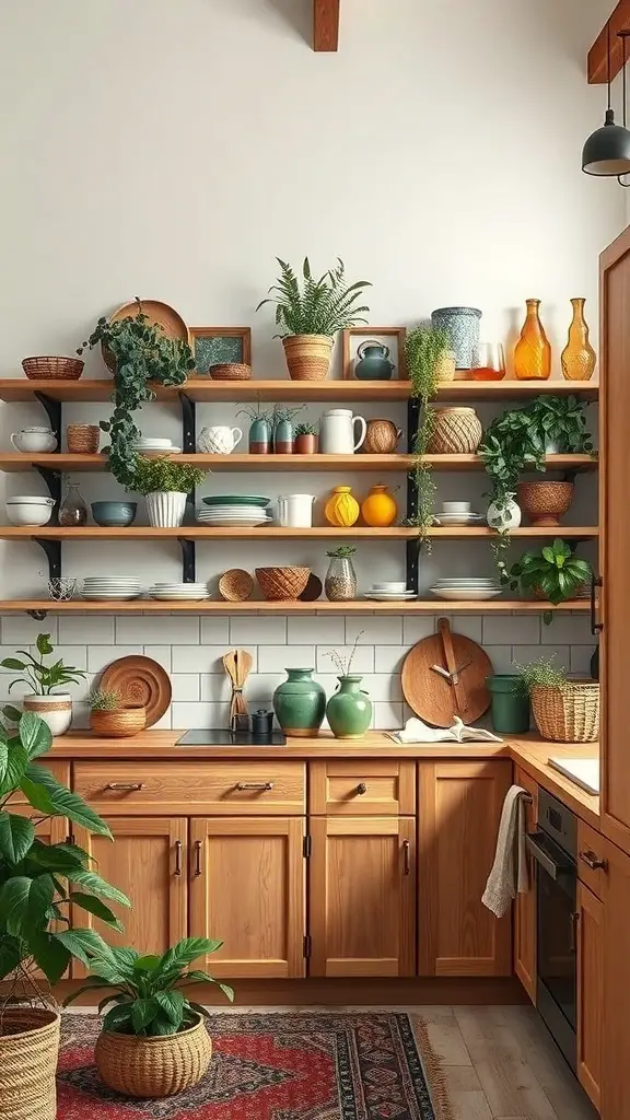 A cozy boho kitchen featuring natural wood accents, open shelving with colorful dishes, and greenery.