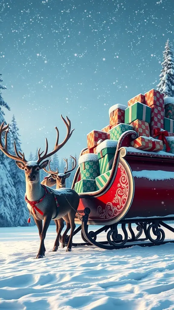 Giant Christmas sleigh with reindeer and wrapped gifts in a snowy landscape