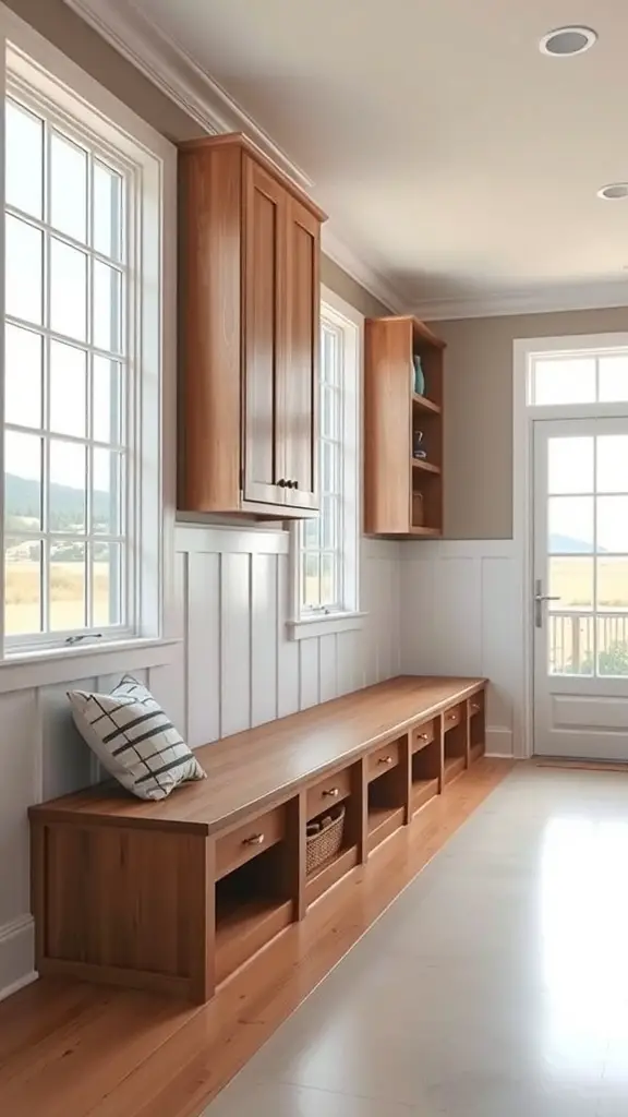 A bright mudroom featuring a long wooden bench with storage underneath and large windows.