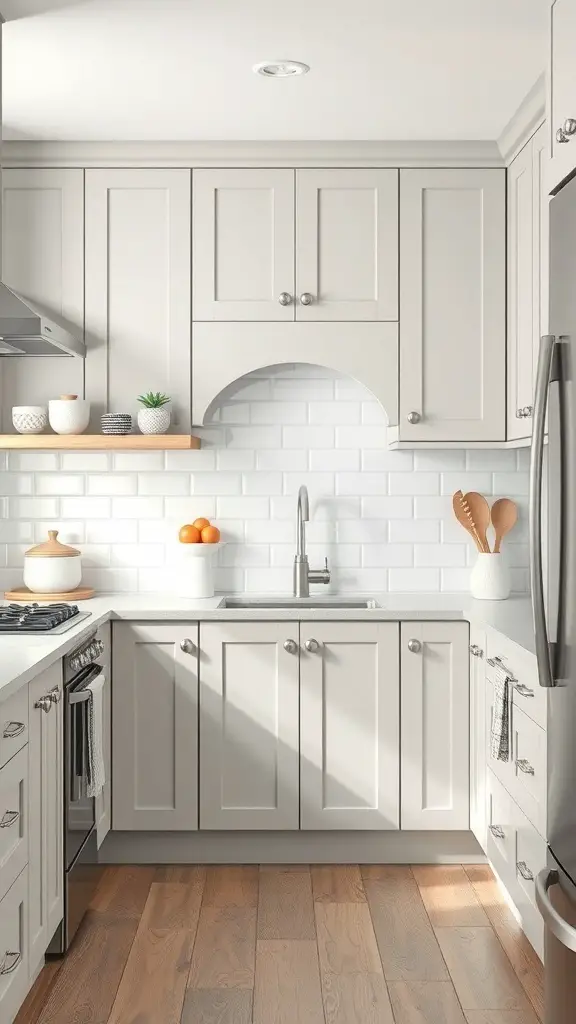 25+ Gorgeous Kitchen Cabinet Colors to Transform Your Space 7 A modern kitchen featuring soft gray cabinets, white subway tiles, and wooden flooring.