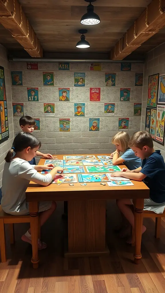 Children engaged in puzzle activities at a table in a cozy basement hangout.