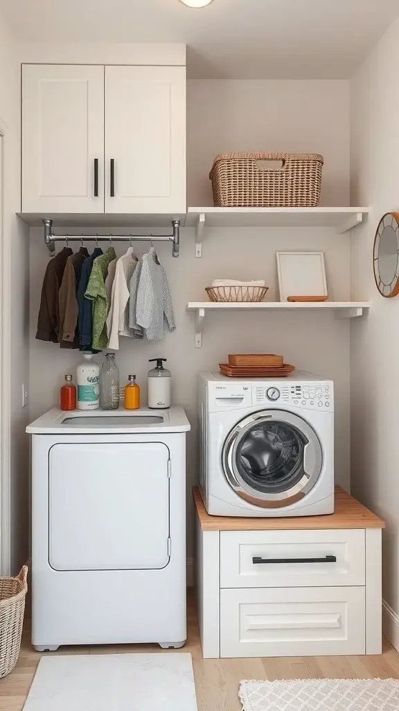 27+ Creative Mini Laundry Room Ideas to Maximize Your Space 8 A compact laundry room featuring a washer, dryer, shelves, and storage solutions.