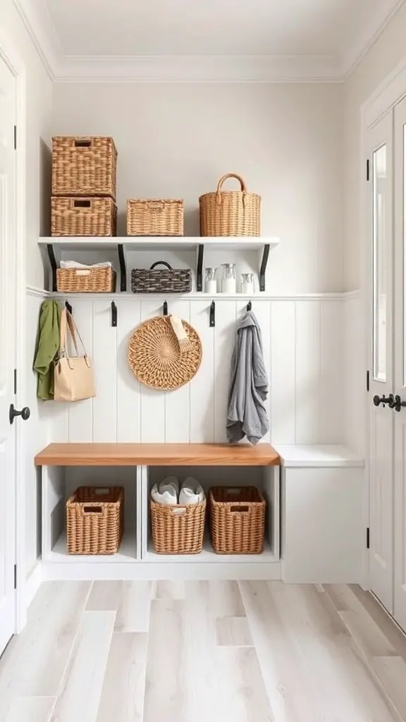 Small mudroom with shelves, baskets, and hooks for storage
