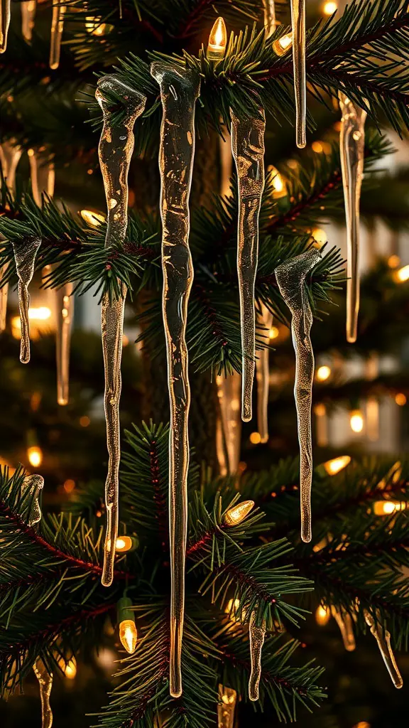 25+ Stunning Icicle Christmas Tree Ideas to Transform Your Holiday Decor 7 Close-up of a Christmas tree with realistic icicle lights hanging from the branches.