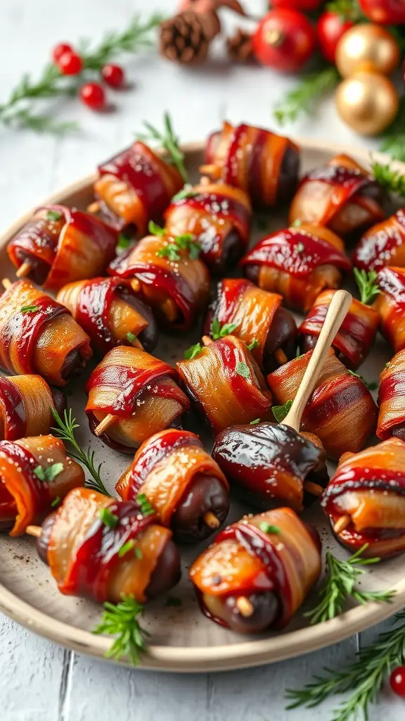 A platter of bacon-wrapped dates garnished with herbs, ready for a Christmas party.