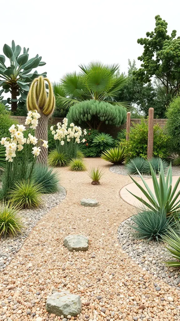 29+ Stunning Garden Border Ideas to Transform Your Outdoor Space 7 A garden with gravel borders, featuring various plants and a winding path.