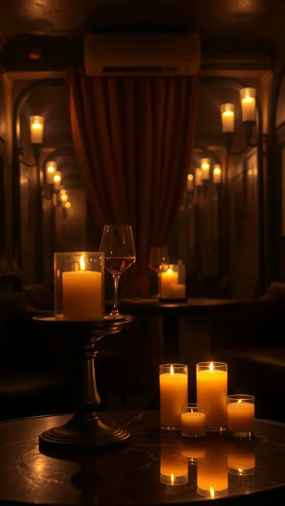 A dimly lit speakeasy basement with candles on tables and a glass of wine, creating a cozy atmosphere.