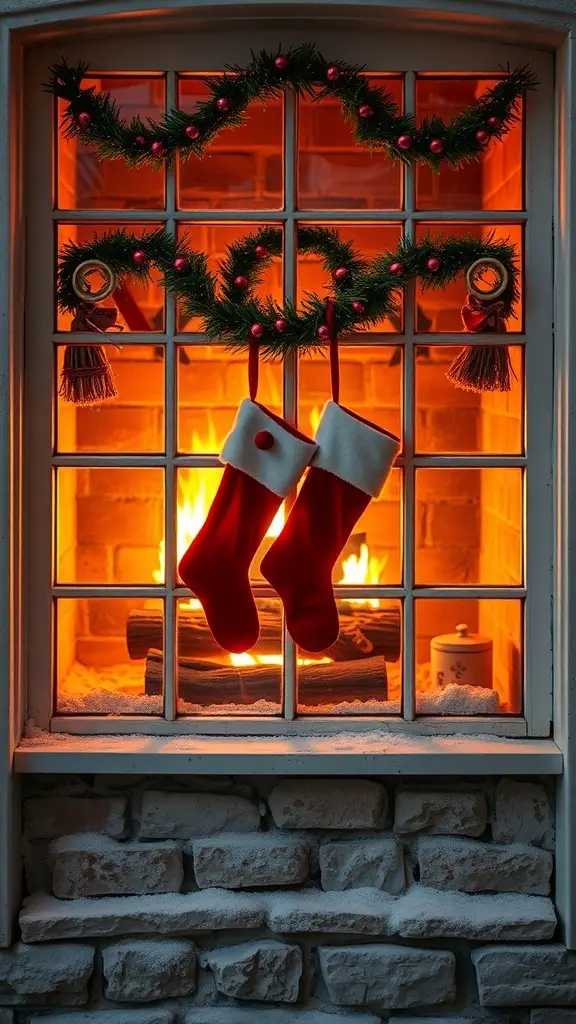 A cozy fireplace setting with red stockings hanging on a window, adorned with a garland and glowing flames inside.