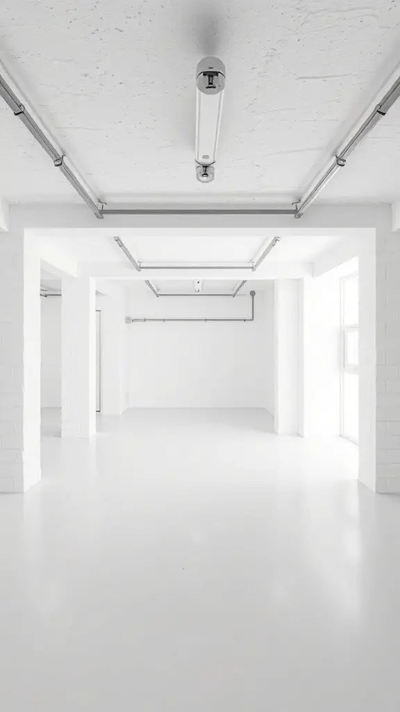 Bright and spacious white basement with smooth walls and polished floor