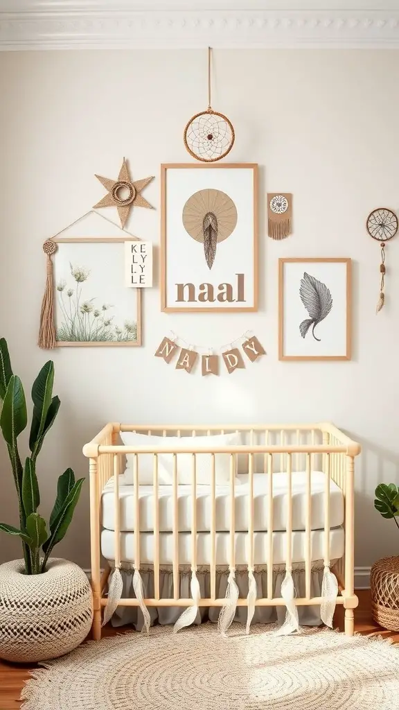 29+ Boho Nursery Decor Ideas for a Cozy and Stylish Space 2 A boho nursery featuring whimsical wall art, including framed prints of feathers and flowers, a dreamcatcher, and a name banner.