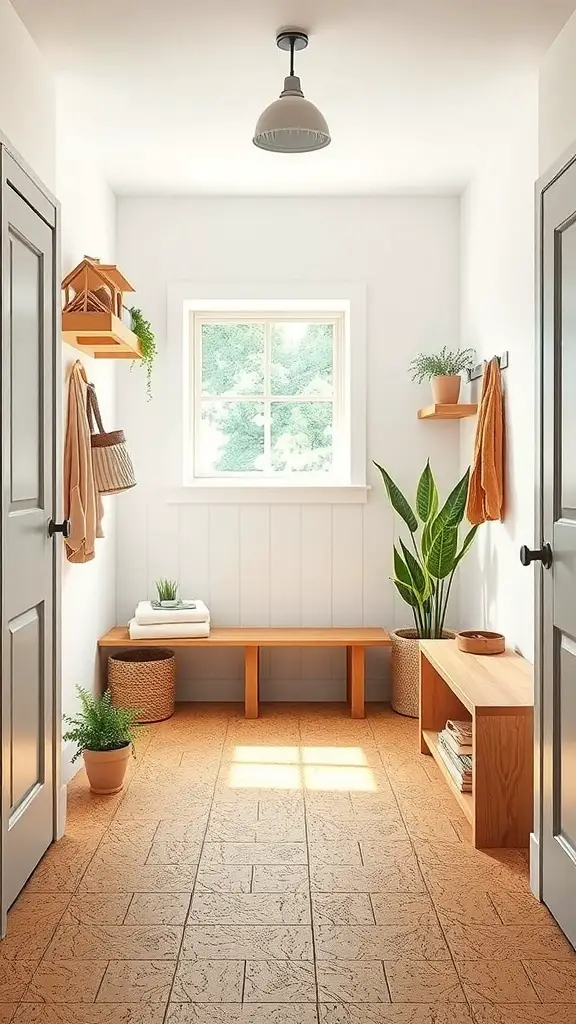 25+ Stylish Mudroom Tile Floor Ideas You’ll Love 15 A bright mudroom featuring eco-friendly cork flooring, with plants and wooden furniture.
