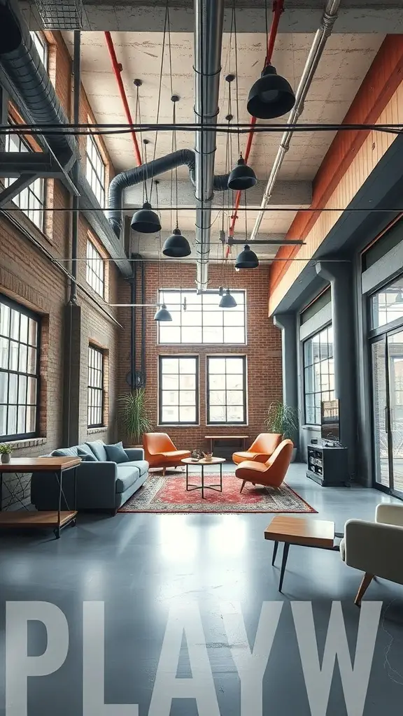 A spacious urban loft with high ceilings, exposed pipes, large windows, and modern furniture.