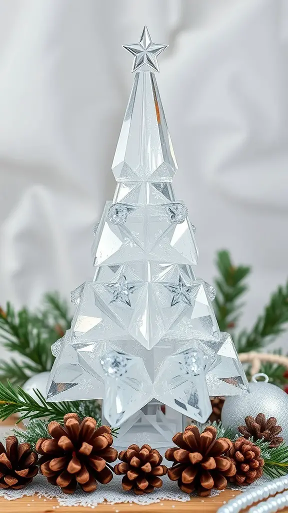 A crystal Christmas tree surrounded by pinecones and greenery.