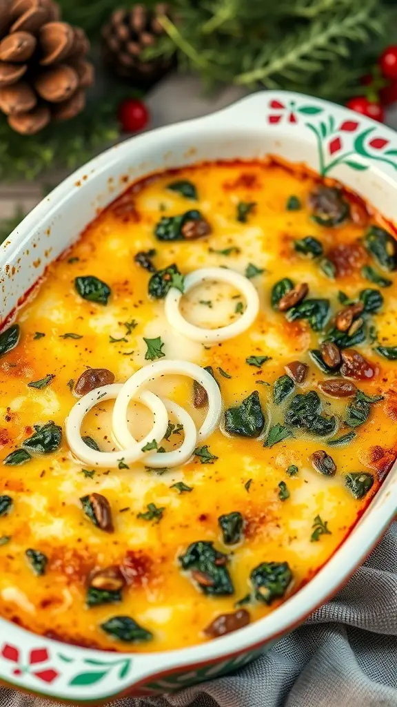 A delicious egg casserole with spinach and cheese, topped with onion rings, surrounded by festive decorations.