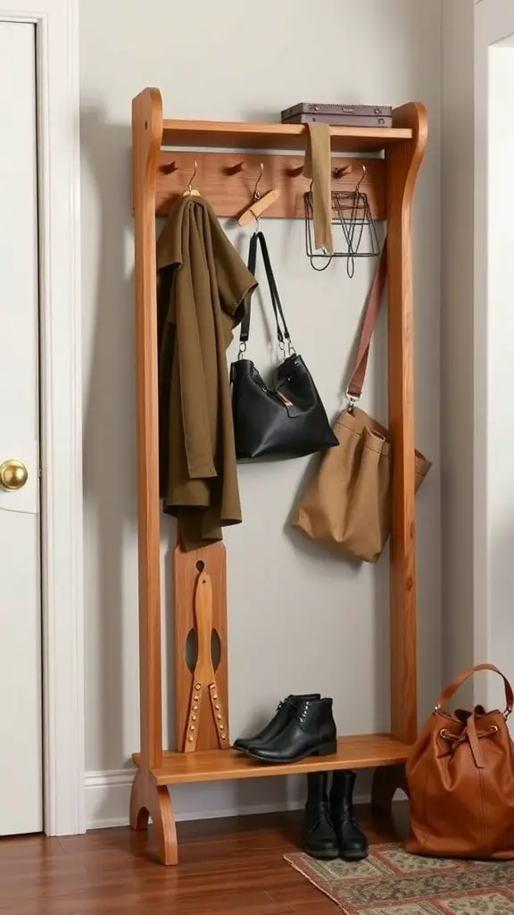 A wooden freestanding coat rack with hooks and a shelf, displaying coats, bags, and shoes.