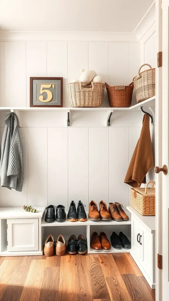 Organized shoe storage in a farmhouse mudroom with shoes neatly arranged and baskets above.