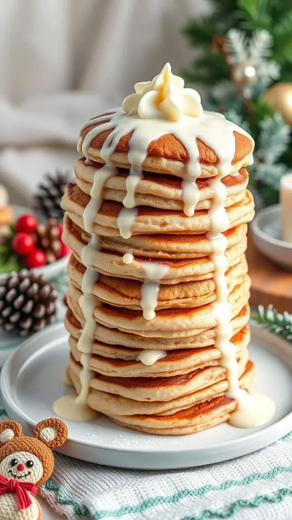 A stack of cinnamon roll pancakes drizzled with cream cheese glaze, topped with whipped cream, and surrounded by festive decorations.