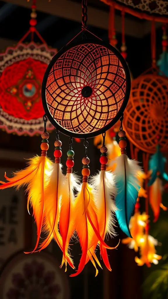 23+ Unique Boho Baby Shower Ideas You’ll Love 2 Colorful dreamcatchers with feathers hanging as decorations