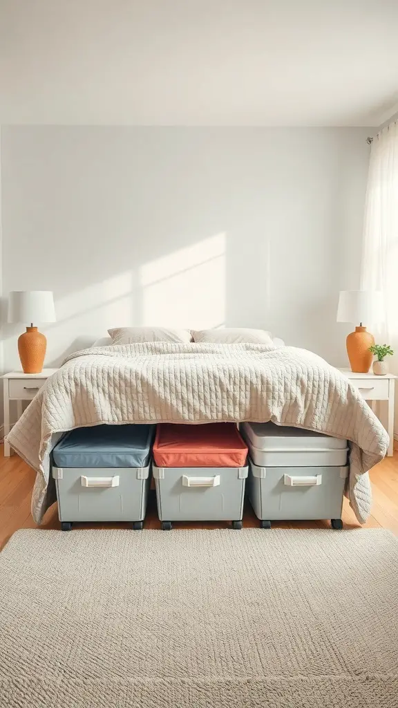25+ Creative Under Bed Storage Solutions for Small Spaces 3 Three rolling under bed storage bins in various colors placed under a bed
