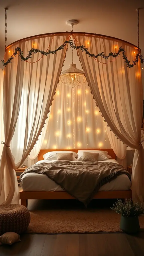 A cozy boho witchy bedroom featuring a canopy bed with flowing curtains and fairy lights.
