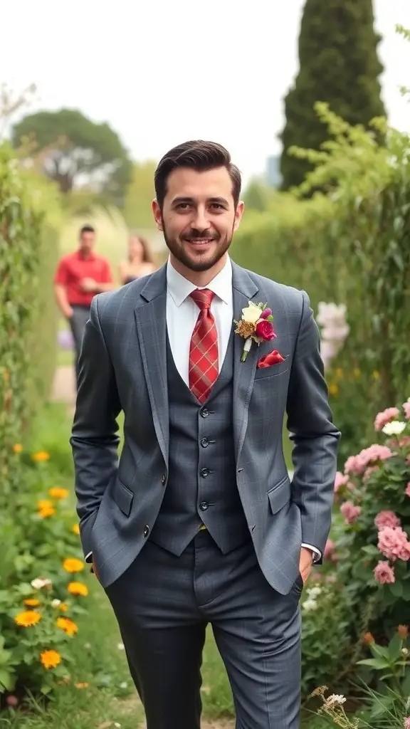 27+ Enchanting for a Garden Wedding Ideas Celebration 14 Groom in a gray suit with a red tie and floral boutonnière in a garden setting.