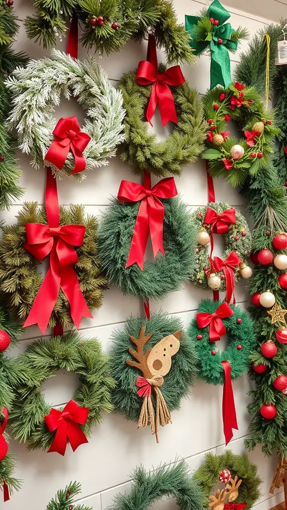 27+ Stunning Christmas Shop Decorations You Need This Season 3 A variety of Christmas wreaths with red bows and decorative elements