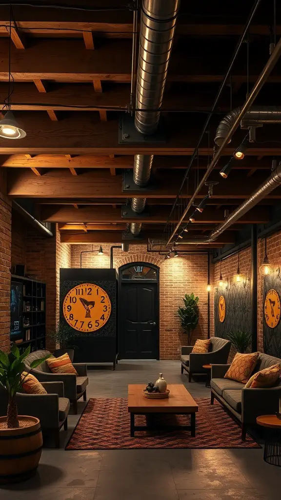 A cozy industrial chic basement with exposed wooden beams, metal pipes, and a comfortable seating area.