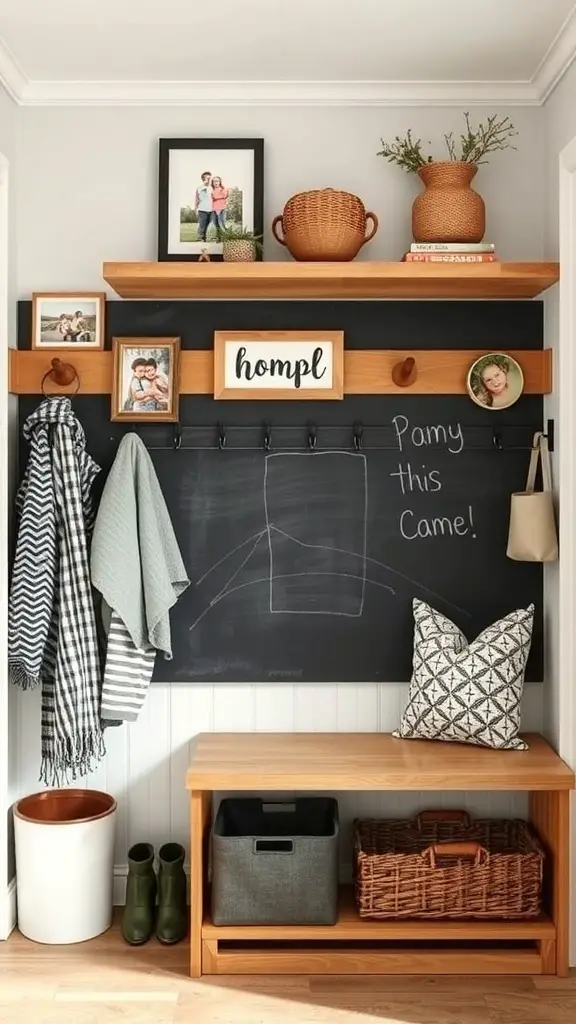 29+ Creative DIY Garage Mudroom Ideas You’ll Love 5 A cozy mudroom featuring a chalkboard wall, framed photos, hooks for coats, and a wooden bench with storage.