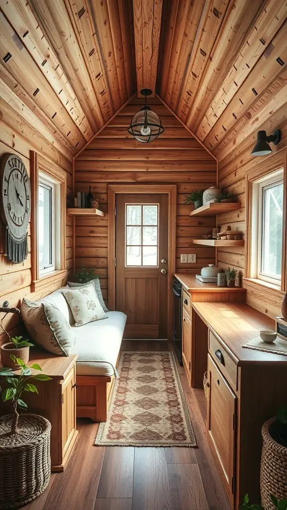 Interior of a tiny cabin with wooden walls, a small sofa, and a compact kitchen area