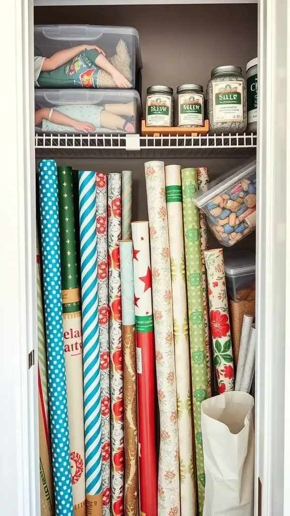Organized closet with rolls of wrapping paper and storage bins