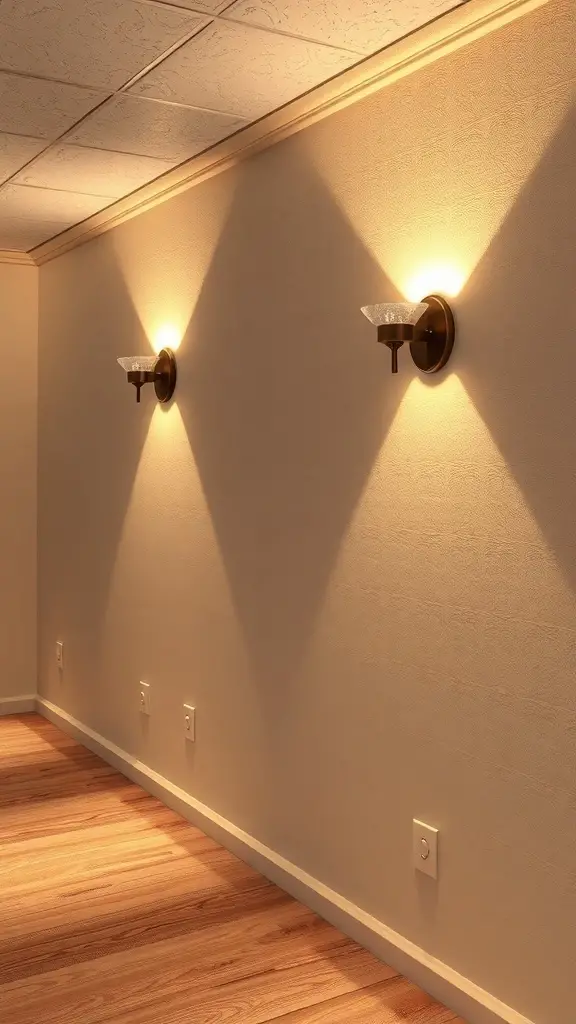 Two wall sconces providing soft illumination on a basement wall.