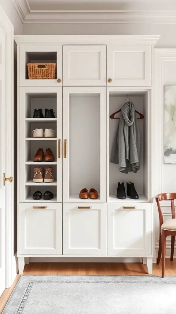 A contemporary shoe cabinet in a stylish entryway, featuring open and closed storage for shoes.