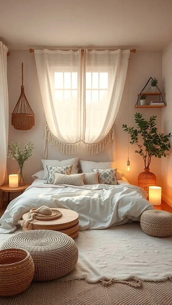 27+ Boho Bedding Ideas to Transform Your Bedroom Style 15 A cozy boho-style bedroom with white bedding, patterned pillows, woven baskets, and soft lighting.