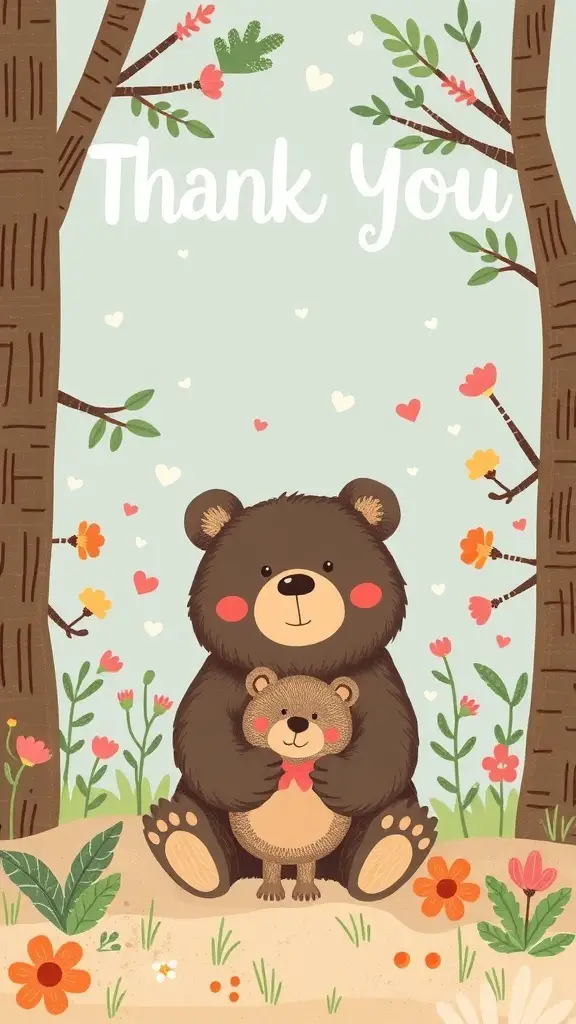 27+ Adorable Bear Baby Shower Ideas for the Perfect Celebration 11 A cute bear and cub with flowers, saying Thank You