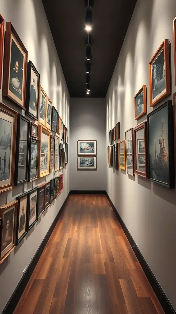 A narrow hallway lined with framed artwork and track lighting.