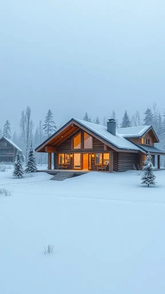 A beautiful winter cabin surrounded by snow and trees, with warm lights glowing from the windows.