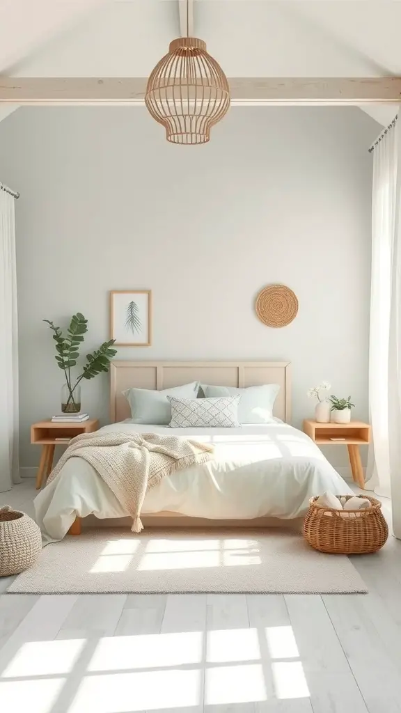A boho coastal bedroom featuring soft color palettes with light greens and creams, natural materials, and simple decor.