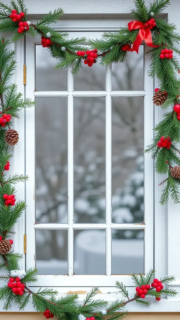 29+ Creative Winter Window Decoration Ideas for a Cozy Home 14 A window decorated with a pinecone and berry garland, featuring green pine needles, red berries, and pinecones.