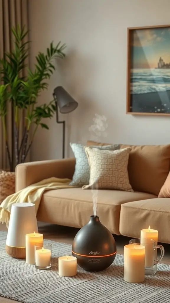 27+ Earthy Living Room Ideas with 15 Must-Have Items 11 A cozy living room with a diffuser, candles, and plants creating a warm atmosphere.