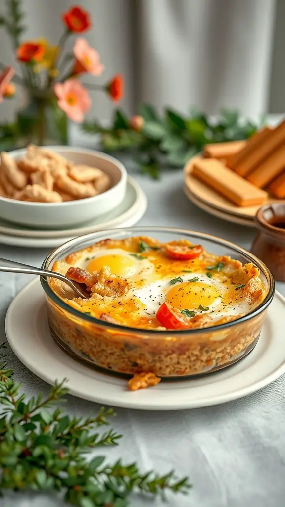 29+ Festive Christmas Brunch Buffet Ideas 7 A savory breakfast casserole with eggs and vegetables in a glass dish, surrounded by brunch items.