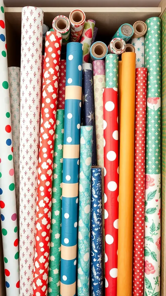 A colorful collection of wrapping paper rolls organized in a storage box.