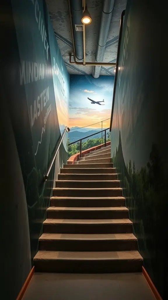 Staircase with a mural depicting a scenic landscape and an airplane