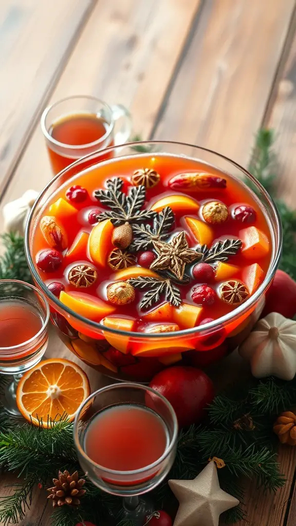 A festive bowl of holiday punch with fruits and spices, surrounded by seasonal decorations.
