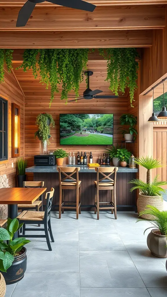 A cozy basement bar area with a TV, wooden walls, and hanging plants.